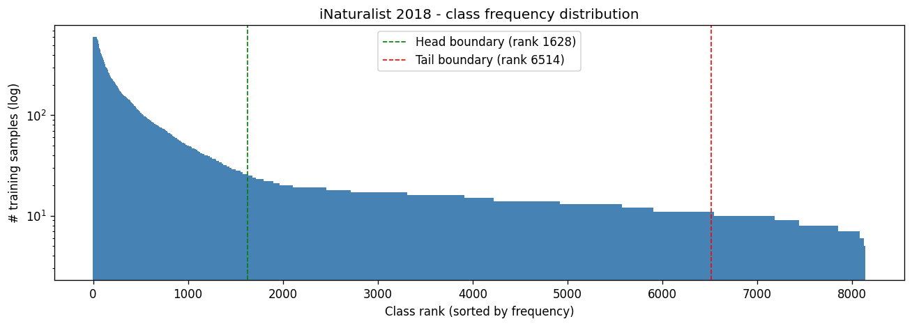 iNaturalist class-frequency distribution on a logarithmic scale